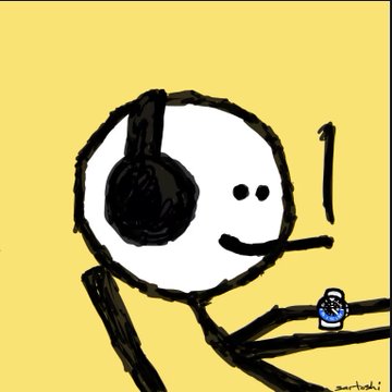 A simple stick-figure drawing on a yellow background showing a smiling character wearing headphones and holding a small blue item.