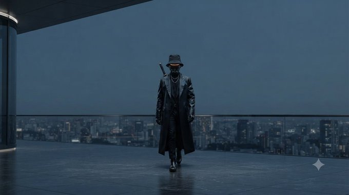 A dark, cinematic scene of a mysterious figure wearing a black leather trench coat, fedora, and glowing red goggles walking across a high-rise balcony overlooking a nighttime city skyline, with a sword strapped to his back.