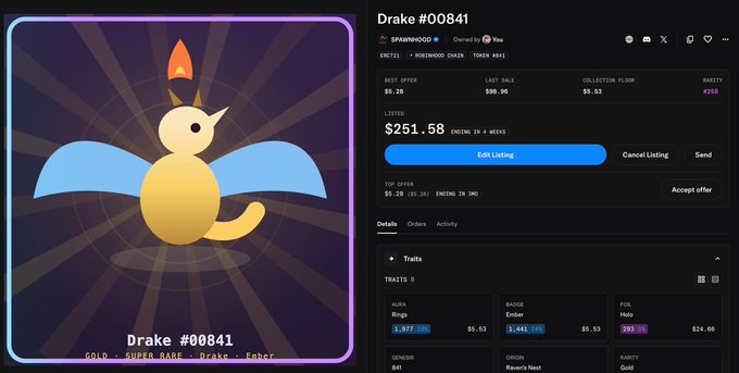 An NFT marketplace listing for 'Drake #00841,' a Rare Pokemon-style creature with wings and a candle on its head, listed at $251.58 with traits including Aurora, Ember, and Ember.