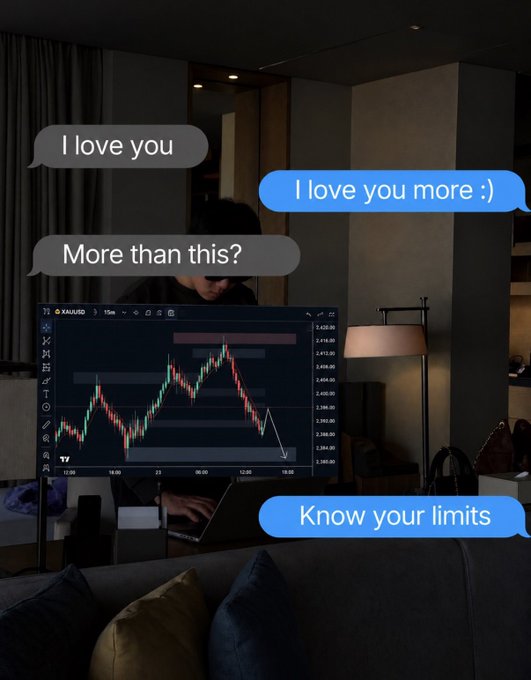 A person looking at a laptop displaying a stock chart for XAUUSD (gold) with a text message exchange reading 'I love you', 'I love you more :)', 'More than this?', and 'Know your limits'.