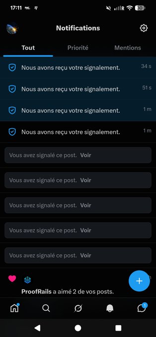 The image shows a notifications screen displaying six recent alerts confirming "Nous avons reçu votre signalement" (We have received your report) along with confirmations that posts were flagged ("Vous avez signalé ce post"), visually corroborating the post's claim of having reported six instances of impersonation within minutes.