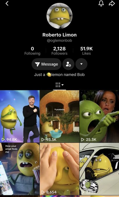 TikTok profile for 'Roberto Limon' (@oglemonbob) with 2,128 followers showing cartoon lemon character videos.
