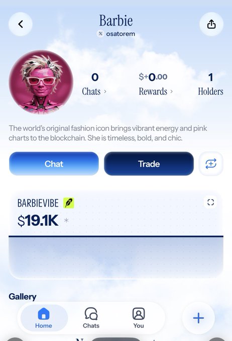 A mobile app screenshot for 'Barbie' by osatorem showing 0 chats, 1 holder, and a price of $19.1K for the BARBIEVIBE token, with Chat and Trade buttons.