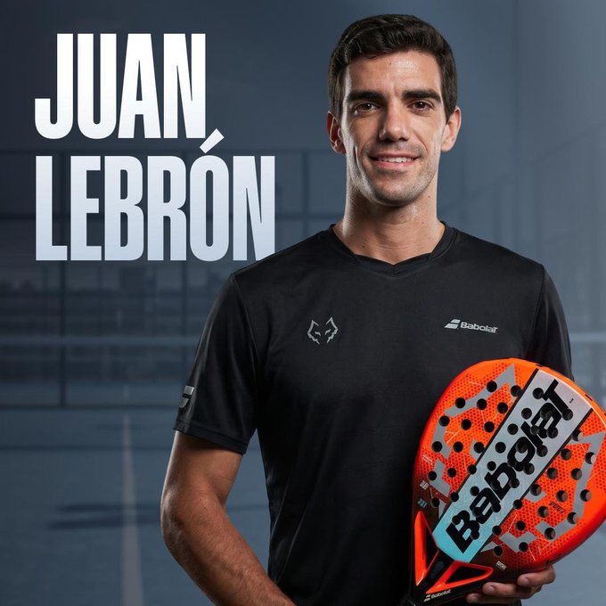 A promotional portrait of padel player "JUAN LEBRÓN" wearing a black shirt and holding a Babolat racket.