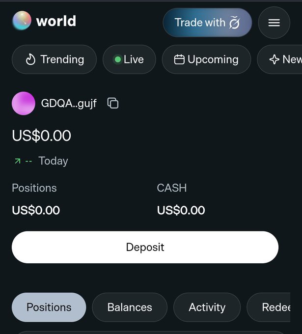 A trading app interface called 'world' showing a user account 'GDQA..gujf' with US$0.00 balance and positions, featuring navigation tabs for Trending, Live, Upcoming, and New, along with Deposit, Positions, Balances, Activity, and Redeem buttons.