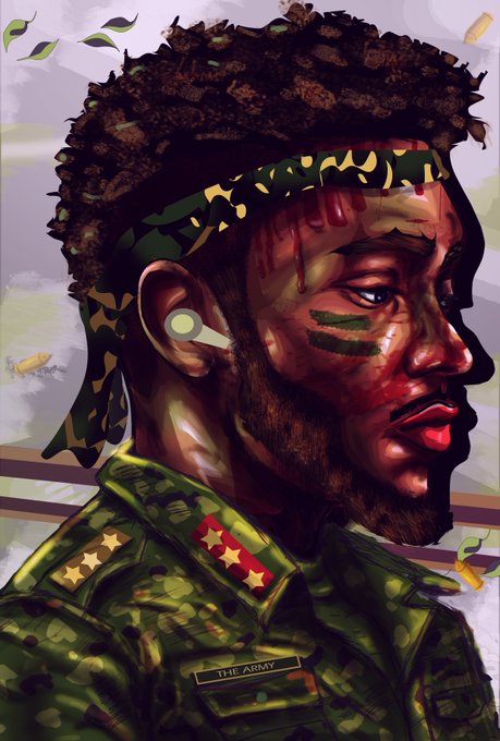 A vibrant digital illustration of a bearded soldier wearing a camouflage headband, wireless earbuds, face paint, and a camouflage uniform with "THE ARMY" name tape and rank insignia.