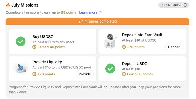 Screenshot of a 'July Missions' rewards interface showing 2/4 missions completed, including 'Buy USDC' (+40 points), 'Deposit into Earn Vault' (+20 points), 'Provide Liquidity' (+20 points), and 'Deposit USDC' (+8 points).