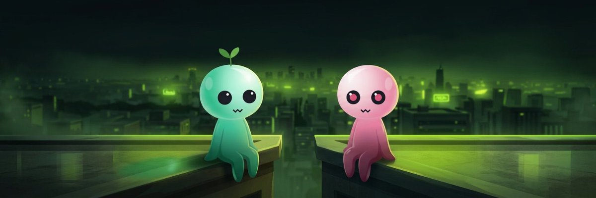 Two cute, cartoon-style octopus-like creatures, one teal with a sprout on its head and one pink, sit on the edges of two buildings overlooking a glowing green city skyline at night.