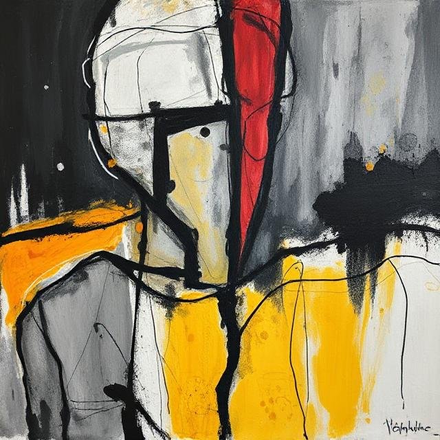 This image showcases an abstractly rendered portrait with a blend of geometric shapes and splashes of color, predominantly red and yellow. The modernistic aesthetic of the piece, as described by the projected caption "#ModernStyle #art", is evident in its stylized forms and emotive use of color, which creates an impactful visual that aligns with contemporary artistic expressions.
