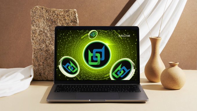 A gray laptop on a desk displays a glowing green circular logo with 'BRALIVE' text, flanked by vases and a stone block.