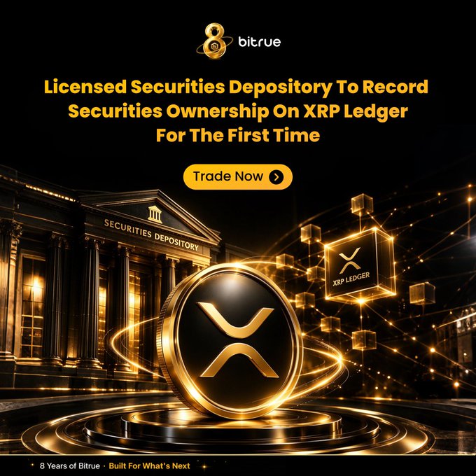 A Bitrue ad featuring a glowing gold XRP coin and "SECURITIES DEPOSITORY" building announces that a licensed securities depository will record securities ownership on the XRP Ledger for the first time, aligning with news of CSD BR partnering with Ripple to tokenize BTG Pactual fund shares via Ripple Custody in Brazil.