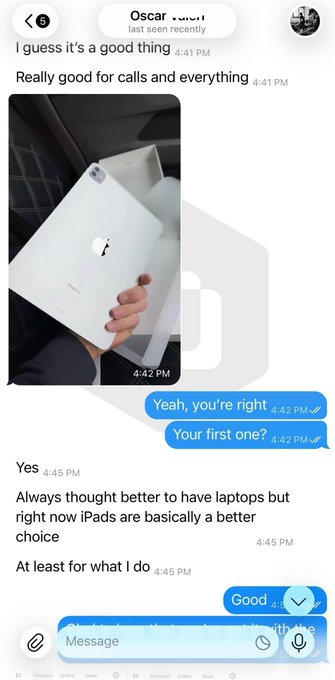 A screenshot of a Telegram conversation discussing a new iPad, with messages including 'I guess it's a good thing,' 'Really good for calls and everything,' and a shared photo of a person holding an iPad box.