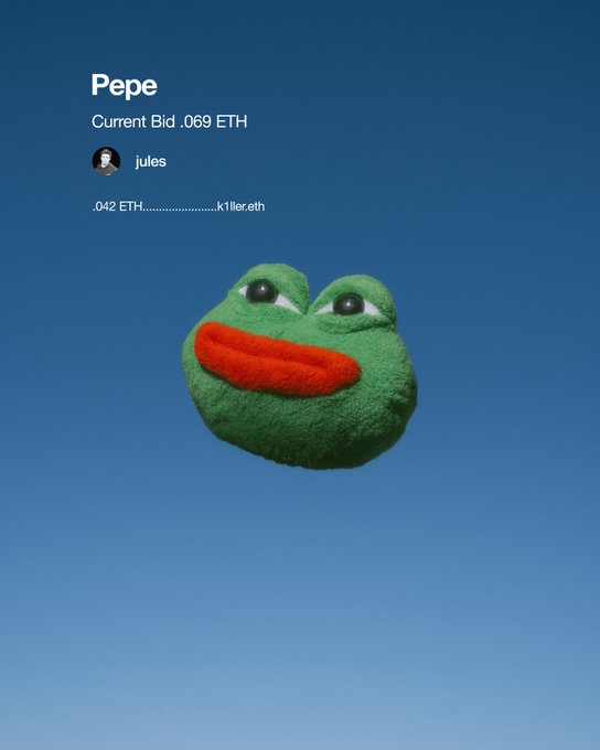 A digital NFT listing displays a 3D green frog face resembling Pepe, bid by 'jules' for '.069 ETH' against a blue gradient background.