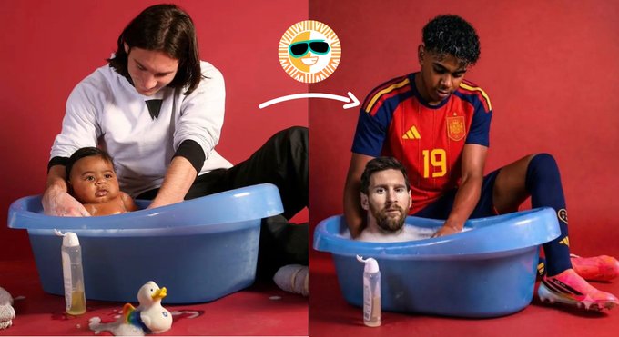 The image shows a side-by-side comparison of a baby's bath recreated with a man and a young boy (wearing Spain's #19 jersey) placed in the same blue tub, with an arrow indicating the transformation from baby to grown versions of themselves. The accompanying post about SUN.io ROI doesn't visually connect to the image content, as there are no financial charts, percentages, or ROI-related graphics present—just the playful "before and after" bath scene.