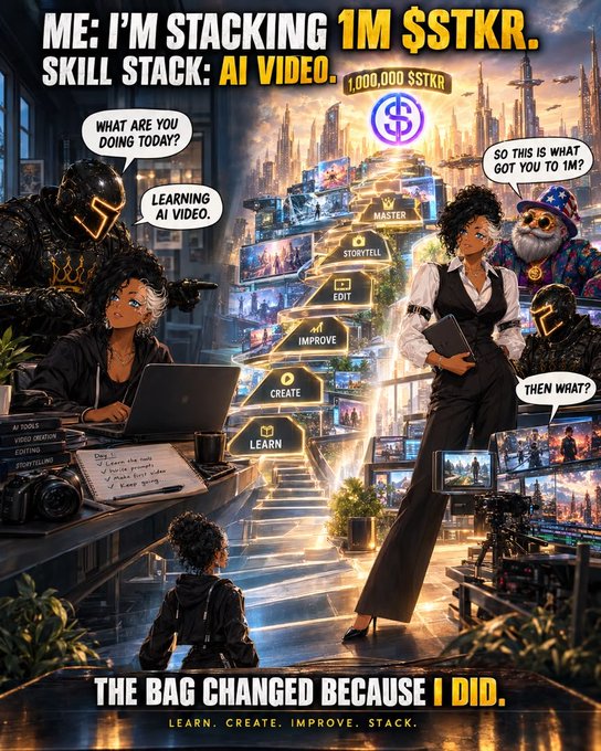 A vibrant AI-generated poster titled 'ME: I'M STACKING 1M $STKR. SKILL STACK: AI VIDEO,' depicting characters ascending glowing steps labeled 'LEARN,' 'CREATE,' 'IMPROVE,' 'EDIT,' 'STORYTELL,' and 'MASTER' toward '1,000,000 $STKR.'
