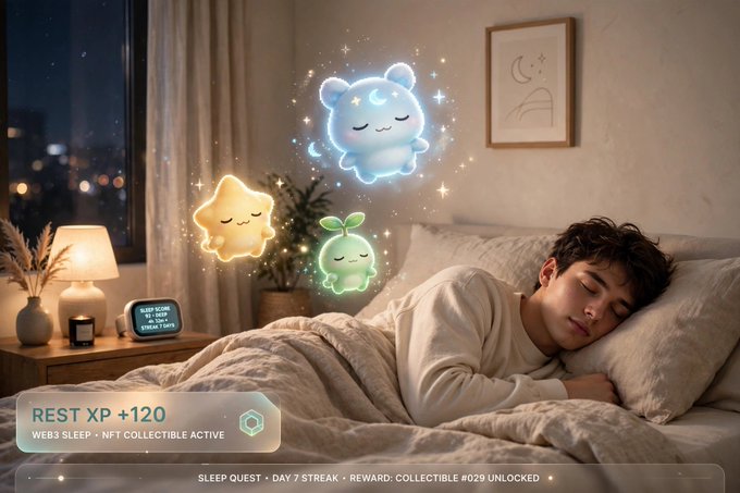 A young person sleeping peacefully in bed while cute glowing cartoon spirits (a star, sprout, and cloud-bear) float above them, with a 'REST XP +120' game-style overlay reading 'WEBS SLEEP · NFT COLLECTIBLE ACTIVE' and 'SLEEP QUEST · DAY 7 STREAK · REWARD: COLLECTIBLE #029 UNLOCKED'.