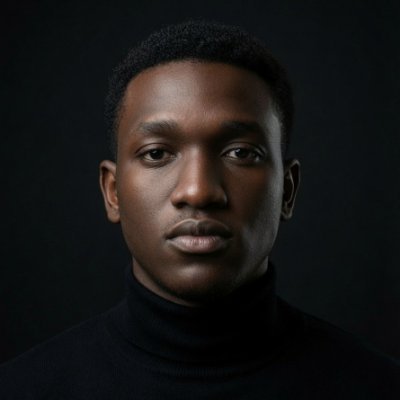 A studio portrait of a young Black man wearing a black turtleneck against a dark background, gazing directly at the camera.