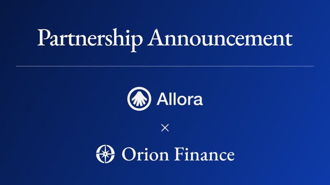 A blue background graphic announcing a partnership between Allora and Orion Finance, featuring their respective logos.