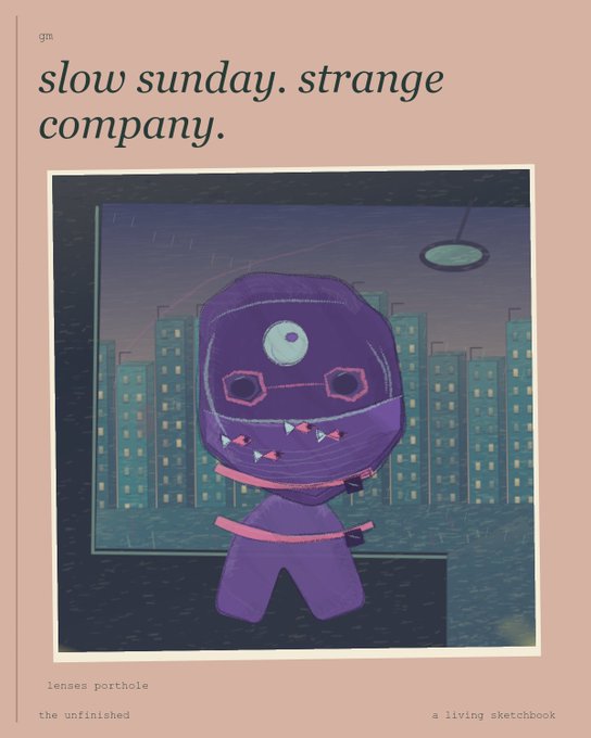 An illustrated postcard-style image with the text 'slow sunday. strange company.' showing a cartoonish purple character with one large eye and a toothy grin standing before a city skyline, with additional text 'lenses porthole', 'the unfinished', and 'a living sketchbook'.