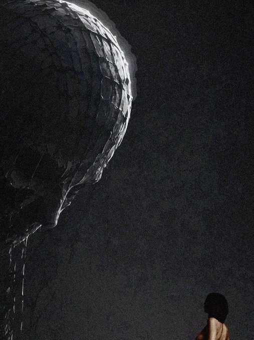 A dark, moody scene shows a large textured metallic sphere or egg-like object with a person standing in the lower right corner.