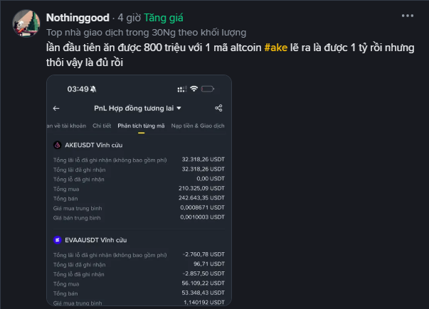 A Facebook post by 'Nothinggood' celebrating making 800 million on a single alcohol coin, sharing PnL screenshots from Binance futures.