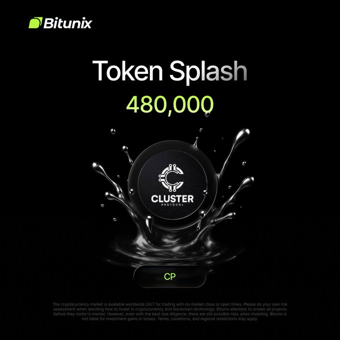 Bitunix Token Splash advertisement featuring a striking black and green design with a Cluster Protocol (CP) token surrounded by liquid splash effects, promoting a 480,000 CP token prize pool giveaway in partnership with OpenProtocolFND.