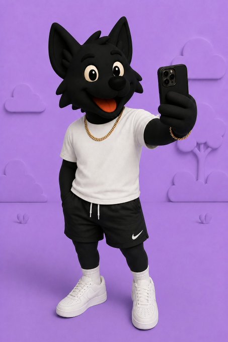 A 3D-rendered black wolf or cat character wearing a white t-shirt, black Nike shorts, a gold chain, and white sneakers, taking a selfie with a smartphone against a purple background.