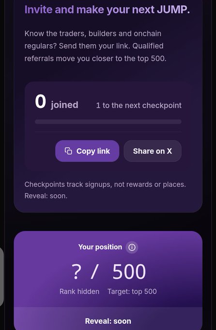 A dark-themed digital interface titled 'Invite and make your next JUMP' shows '0 joined' with '1 to the next checkpoint', a 'Copy link' button, and a 'Your position' section showing '? / 500' with a target of 'top 500'.