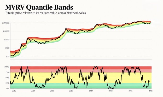 The image displays the "MVRV Quantile Bands" chart, showing Bitcoin's price relative to its realized value across historical cycles from 2012 to 2026 on a logarithmic scale, paired with a percentile band indicator below showing current readings near 25%. The accompanying caption's triumphant "it was the bottom" sentiment aligns with the chart's signal of Bitcoin trading in historically undervalued territory, suggesting a buying opportunity as price sits in the lower green band—conditions that have preceded major bull runs in previous cycles.