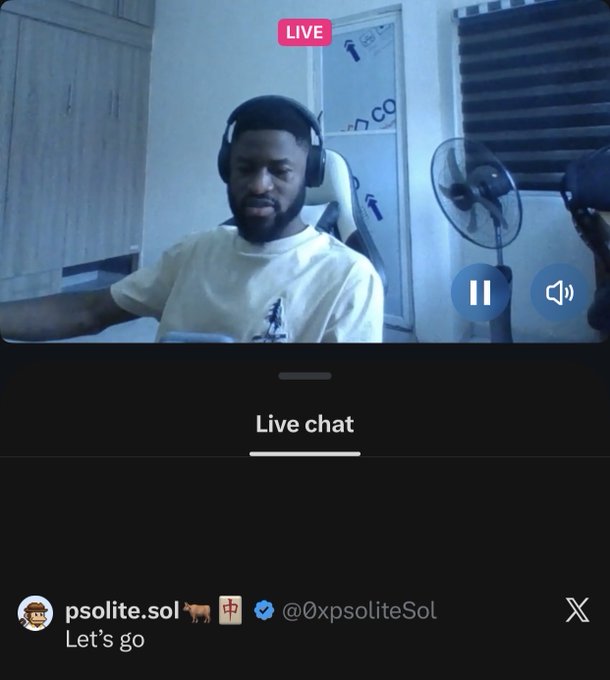 A screenshot of a X (Twitter) live stream by @0xpsoliteSol showing a bearded man with headphones, with a live chat section below displaying 'Let's go'.