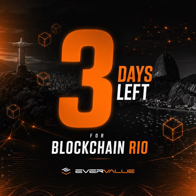 A countdown graphic reading '3 DAYS LEFT FOR BLOCKCHAIN RIO' with the EverValue logo, set against a dark background featuring Rio de Janeiro's Christ the Redeemer statue and Sugarloaf Mountain.