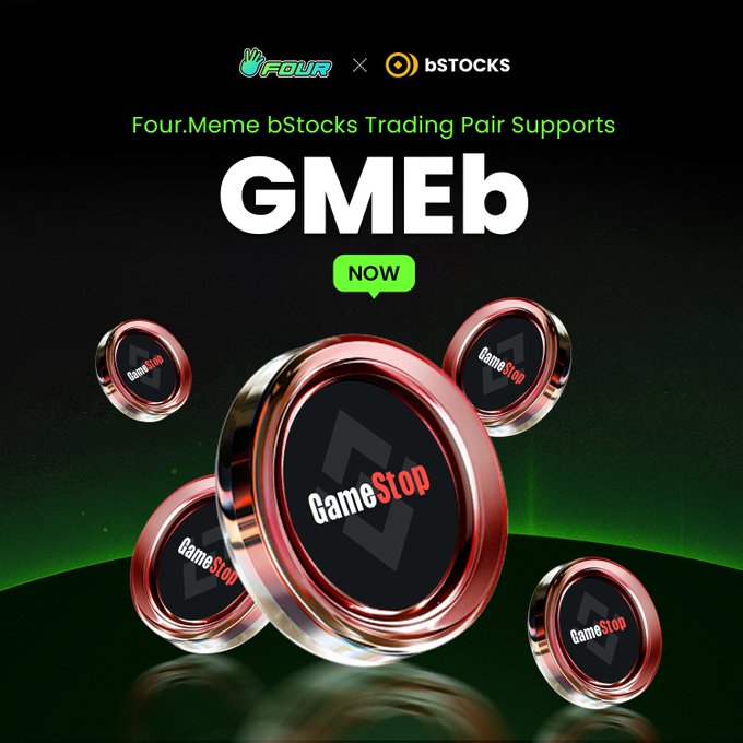 The image is a promotional graphic from Four.Meme announcing that its bStocks Trading Pair now supports GMEb, featuring multiple 3D-rendered GameStop-branded tokens floating against a green glow. It visually aligns with the post's announcement by highlighting the integration of GMEb into Four.Meme's "Stock Meme" ecosystem as a bridge between real-world assets and meme trading.