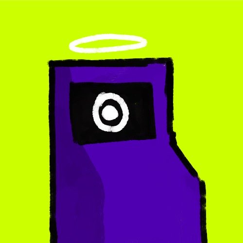 Digital drawing of a purple Among Us-style character with a white halo, depicted as a single-eyed crewmate on a bright yellow-green background.