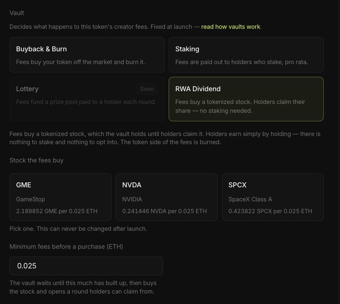A screenshot of a token vault configuration interface showing options like Buyback & Burn, Staking, Lottery, and RWA Dividend, with the RWA Dividend option selected, allowing holders to earn tokenized stocks like GME, NVDA, or SPCX.