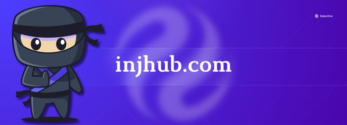 A promotional banner for injhub.com featuring a cartoon ninja character on a blue background with the Injective logo watermark.