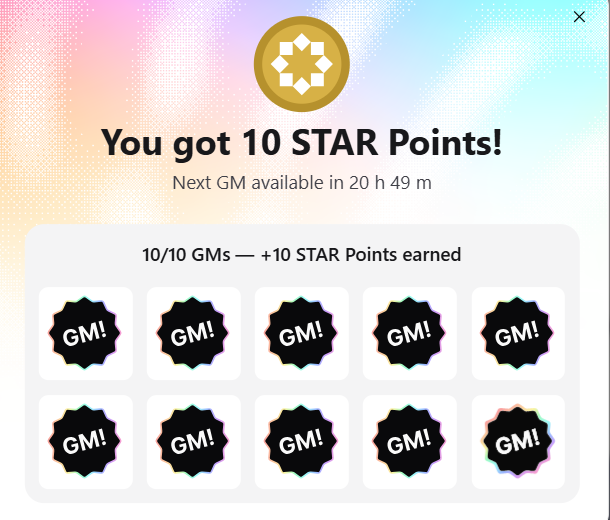 A notification from the Startale App celebrating 10 daily check-ins (GMs), awarding 10 STAR Points, with the next GM available in 20 hours and 49 minutes. This directly illustrates the post's message about the updated STAR Points system, where completing all 10 daily check-ins rewards users with STAR Points.