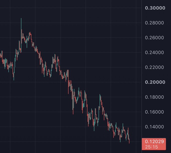 A financial candlestick chart shows a sharp downtrend, with prices falling from a peak near 0.29000 to a current low of 0.12009 at 25:15, illustrating the steep decline referenced in the caption as a "buy the blood" opportunity amid bearish sentiment.