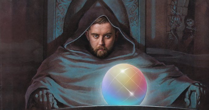 An artistic painting of a hooded figure holding a glowing multicolored sphere, evoking Obi-Wan Kenobi with a prism/orb.