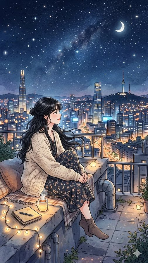 A young woman with long dark hair sits on a rooftop ledge overlooking a starlit cityscape at night, accompanied by a steaming mug and an open notebook beside string lights. The contemplative scene of solitary reflection under a crescent moon complements the post's message about looking past misconceptions regarding Monero's financial privacy.