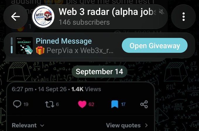 A Telegram channel screenshot titled 'Web 3 radar (alpha jobs)' with 146 subscribers, featuring a pinned giveaway message for 'PerpVia x Web3x_r...' and a post from September 14 showing engagement metrics.