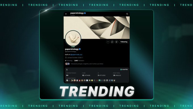 A promotional graphic labeled 'TRENDING' displays the Twitter/X profile for 'paperstrategy' (@paperstrategy_), showing 1.69M followers, 84 following, 61 posts, and 1,475,406 likes.