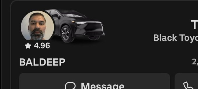 A profile card for 'BALDEEP' with a 4.96 star rating, showing a bald man with a beard and a black Toyota SUV.
