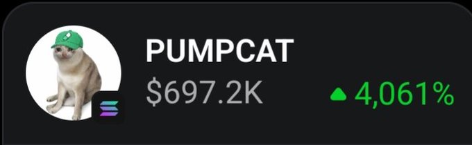 A cryptocurrency token display showing 'PUMPCAT' with a market cap of $697.2K and a green upward gain of 4,061%, featuring a cat image wearing a green cap next to the Solana logo.