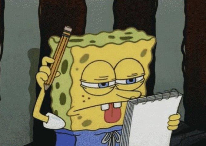 A screenshot of SpongeBob SquarePants holding a pencil and notepad with a tired, unimpressed expression.