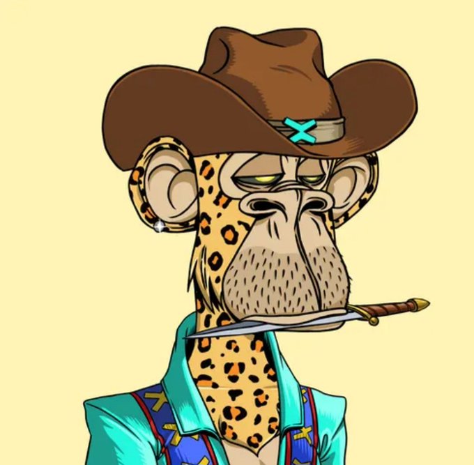 A cartoon illustration of an ape wearing a brown cowboy hat, turquoise vest, and holding a knife in its mouth against a yellow background. The image is a typical NFT-style "Bored Ape" character, fitting with the monkey emoji and playful "Good morning fam!!" crypto/NFT community greeting.