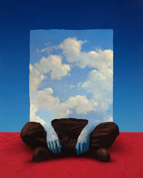 A surrealist painting of a figure in black pants sitting cross-legged on a red floor against a blue sky, with a rectangular portal of clouds emanating from where their upper body should be.