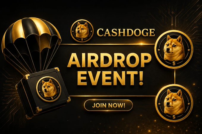 A gold-and-black promotional banner for "CASHDOGE" announces an "AIRDROP EVENT!" with a "JOIN NOW!" call-to-action button, featuring parachuting packages and Doge coin medallions. The image aligns with the accompanying post by visually promoting the ongoing $CASHDOGE airdrop, inviting viewers to share their $SOL addresses for a 400,000 $CASHDOGE reward.