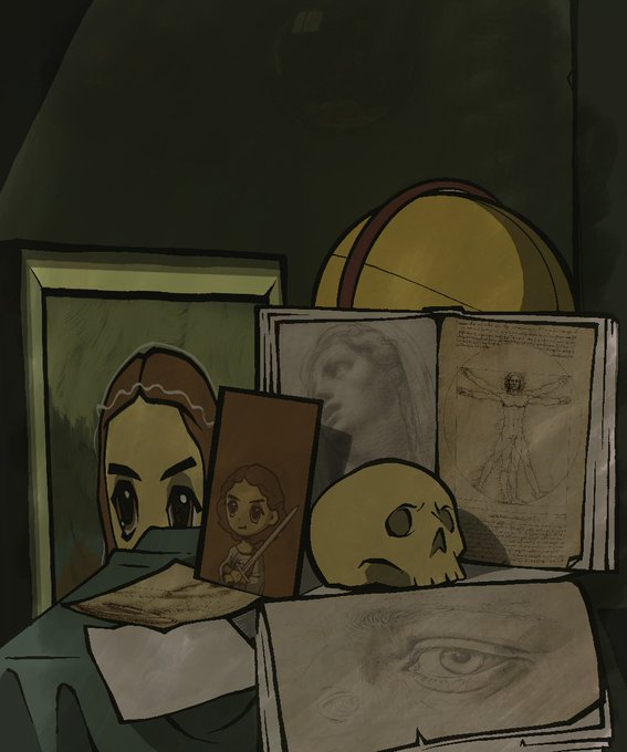 A dimly lit still life features cartoon-style illustrations and sketches arranged together, including a framed portrait resembling the Mona Lisa, a Vesica Piscis symbol, a Vitruvian Man, a skull, an eye study, and a character holding a paintbrush—visually echoing the "Moona Lisas" NFT launch with its playful, Leonarda da Vincio-inspired art style.