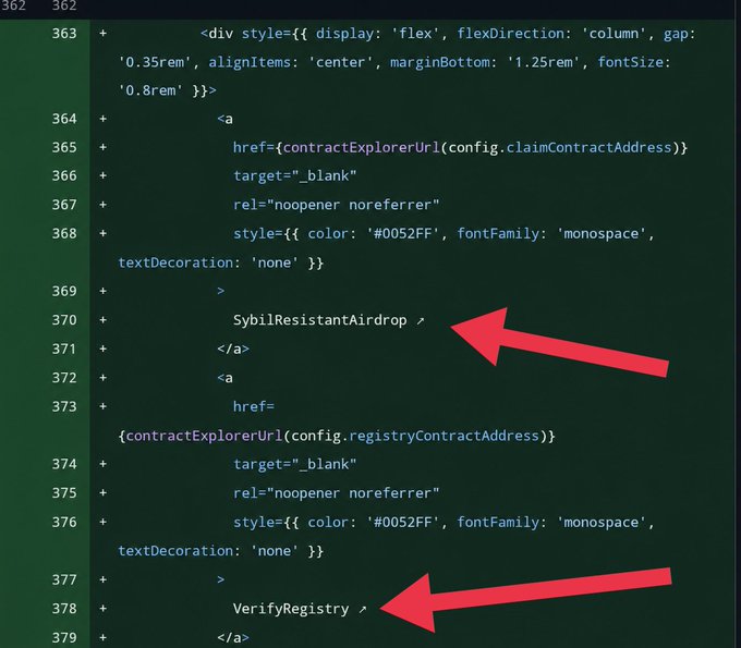 In the image, there are two different versions of a webpage displayed with a green background. The first version displays text and numbers that appear to be a source code or an XML file with a few tags and variables. The second version highlights specific areas on the webpage related to the Base Airdrop feature. There are red arrows pointing at various elements, and the text appears to be focusing on who will be eligible for the base network airdrop. This might include criteria like being active in the community or having certain attributes.