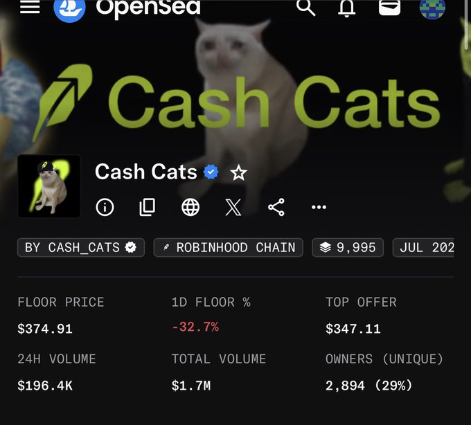 This image shows the OpenSea listing page for the "Cash Cats" NFT collection on Robinhood Chain, displaying a floor price of $374.91 with a 1D drop of -32.7%, 24H volume of $196.4K, and 2,894 unique owners. The sharp -32.7% single-day decline visually supports the post's speculation about $600 possibly being the peak and concerns about this unofficial collection's sustainability.